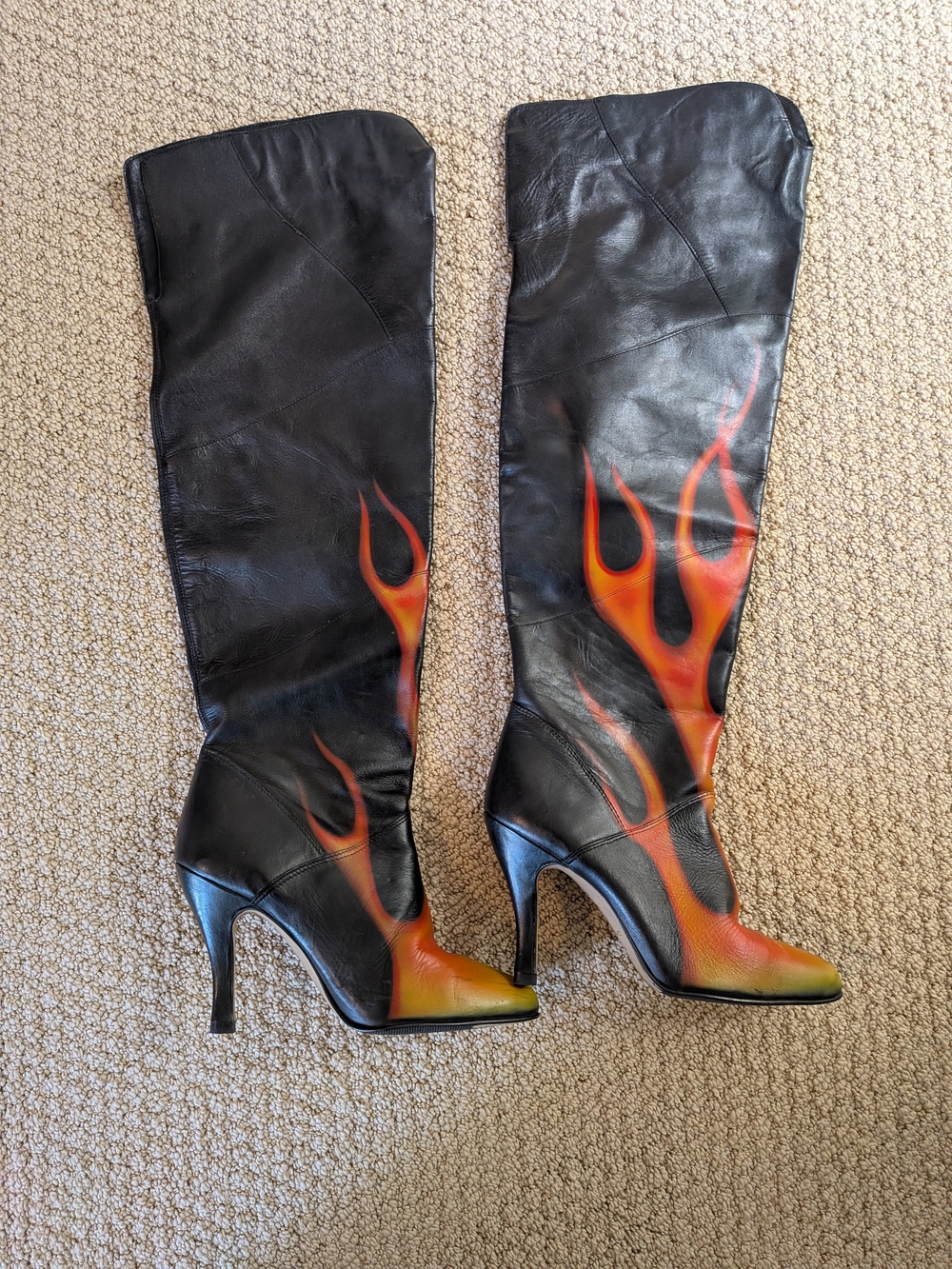 Vintage Custom Painted Black Leather Flame-Print Knee High Boots